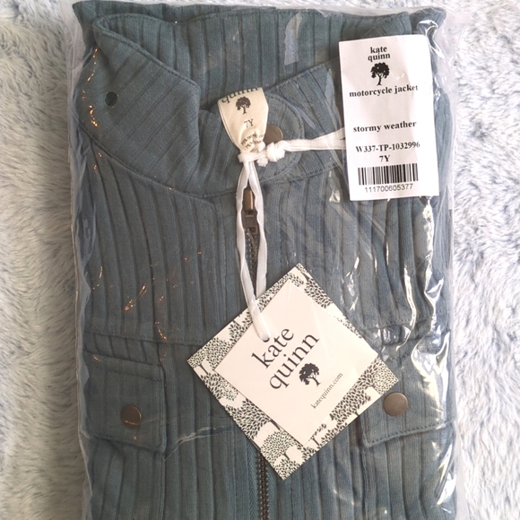 NWT 7Y Kate Quinn Long Sleeve Motorcycle Jacket Stormy Weather Blue Wide Rib - Picture 2 of 3